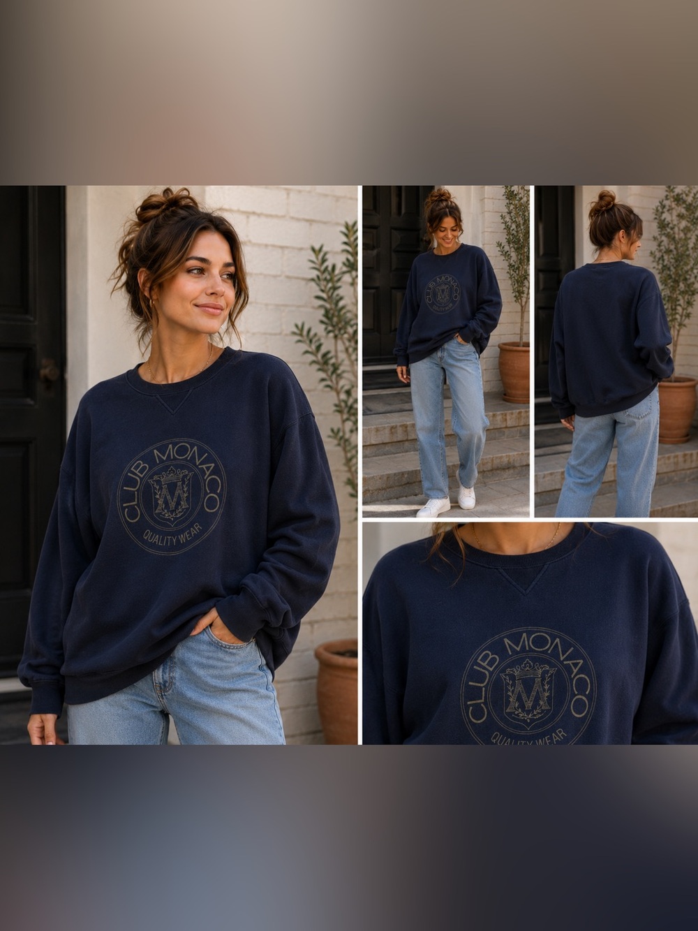 Vintage Club Monaco Navy Crest Logo Oversized Sweatshirt 100% Cotton M